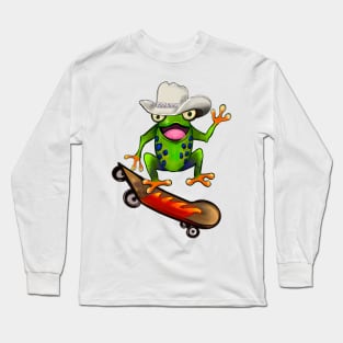 Frog - Kawaii Froggy Skateboarding Cute Frog Texas cowboy hat Funny toad toads amphibian tadpole Green Red eyed tree frogs rain forest Lizard dragon zoology gift frog Long Sleeve T-Shirt